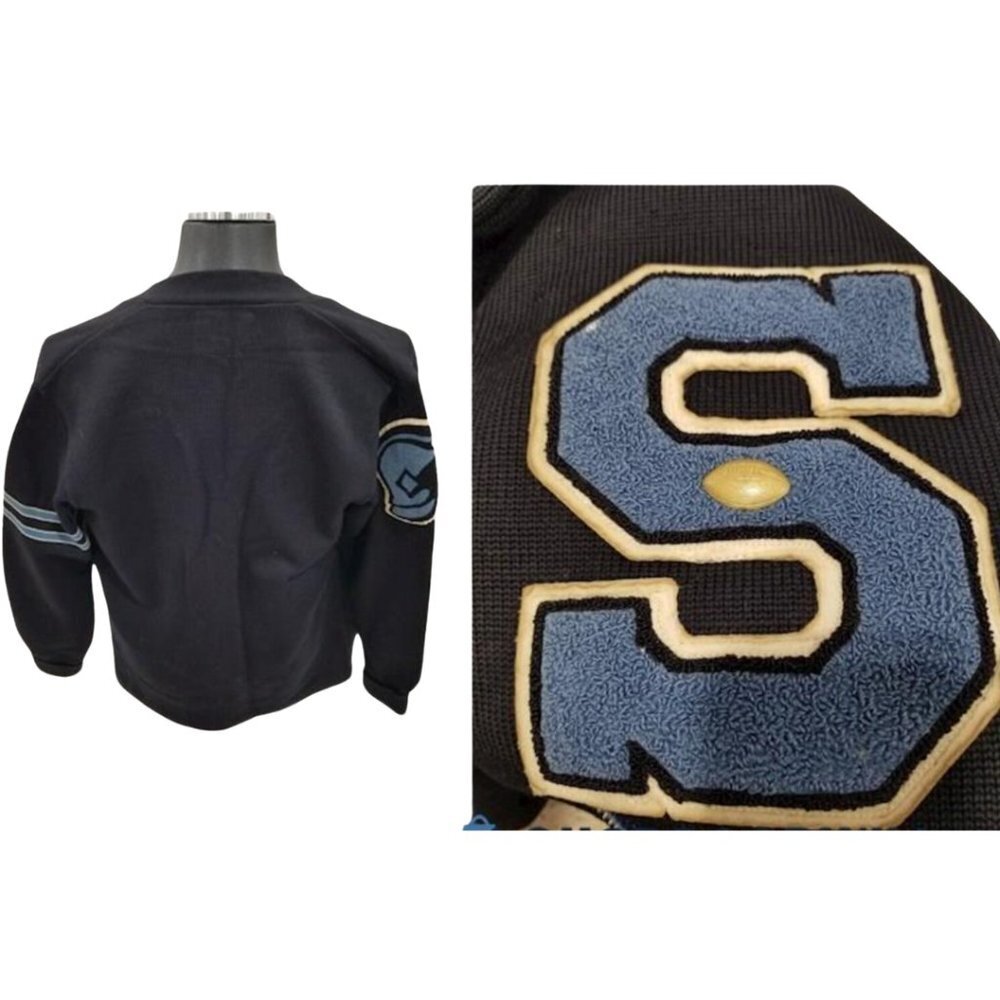 Vintage Whiting 1960's Men's Wool Navy Letterman Cardigan Sweater Size L - Picture 4 of 12